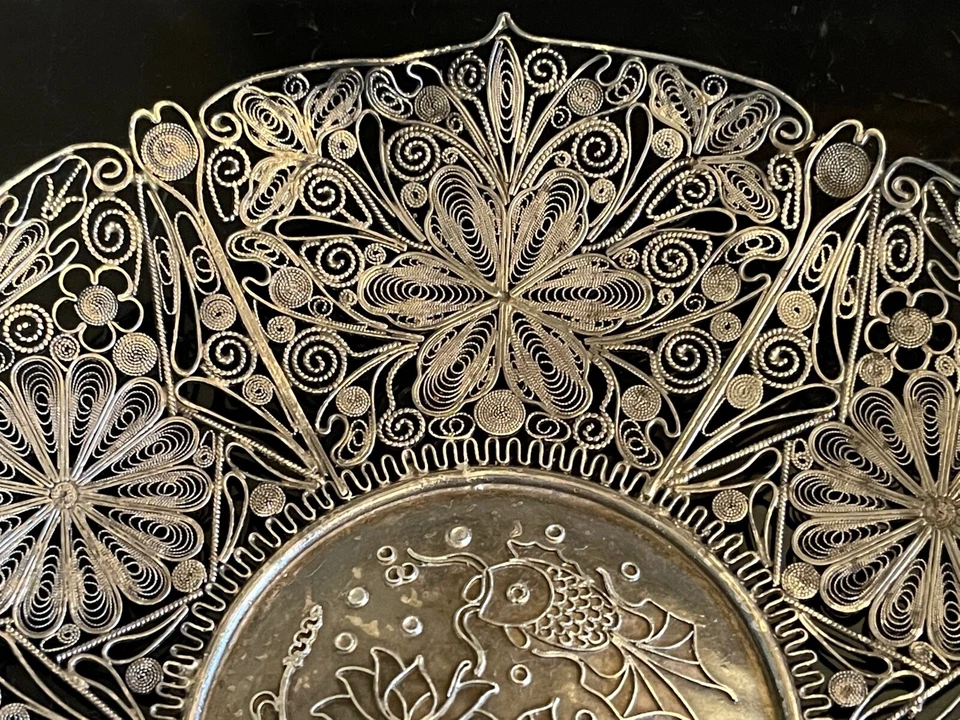 Plato redondo de filigrana de plata china antigua fina 130 gramos Foto 4 de 4
