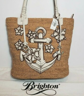 BRIGHTON RARE DOCKSIDE NAUTICAL 3D ANCHOR LEATHER APPLIQUE STRAW TOTE  NWT $360