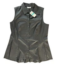 NWT $60 Charter Club Black Sleeveless Pleated Button Up Blouse Top, Womens Sz 16
