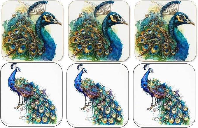 Peacock Coasters Set of 6, Watercolor Design with Cork Backing, 9.5 x 9.5cm