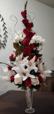"Red Carpet" 28" Red  White Silk Flower Arrangement in Crystal Vase