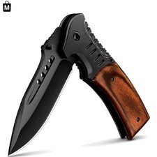 3.66 Wood Black Tactical Spring Assisted Open Blade Folding Pocket Knife Hunting