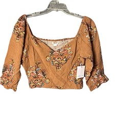 O'Neill Top Women?s Medium Brown Floral Crop Long Sleeve Y2K Boho NWT