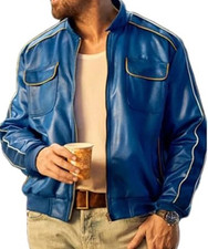 Men's Blue Real Leather Bomber Jacket | Ryan Gosling Style The Chase Jacket