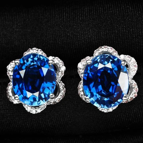 Ravishing Royal Blue Sapphire 13.70Ct 925 Sterling Silver White Gold Earrings