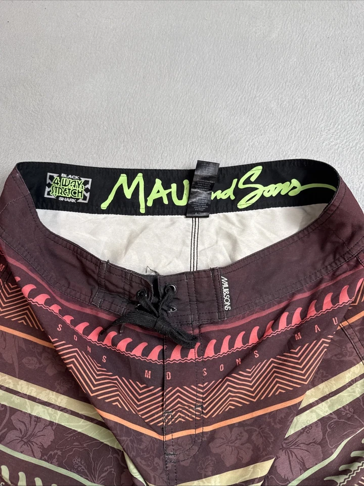 Pantalones Cortos de Natación Maui And Sons Tiburón Negro 4 Vías Elastizados Hombres Talla 34 Cordón Rayas Foto 4 de 4