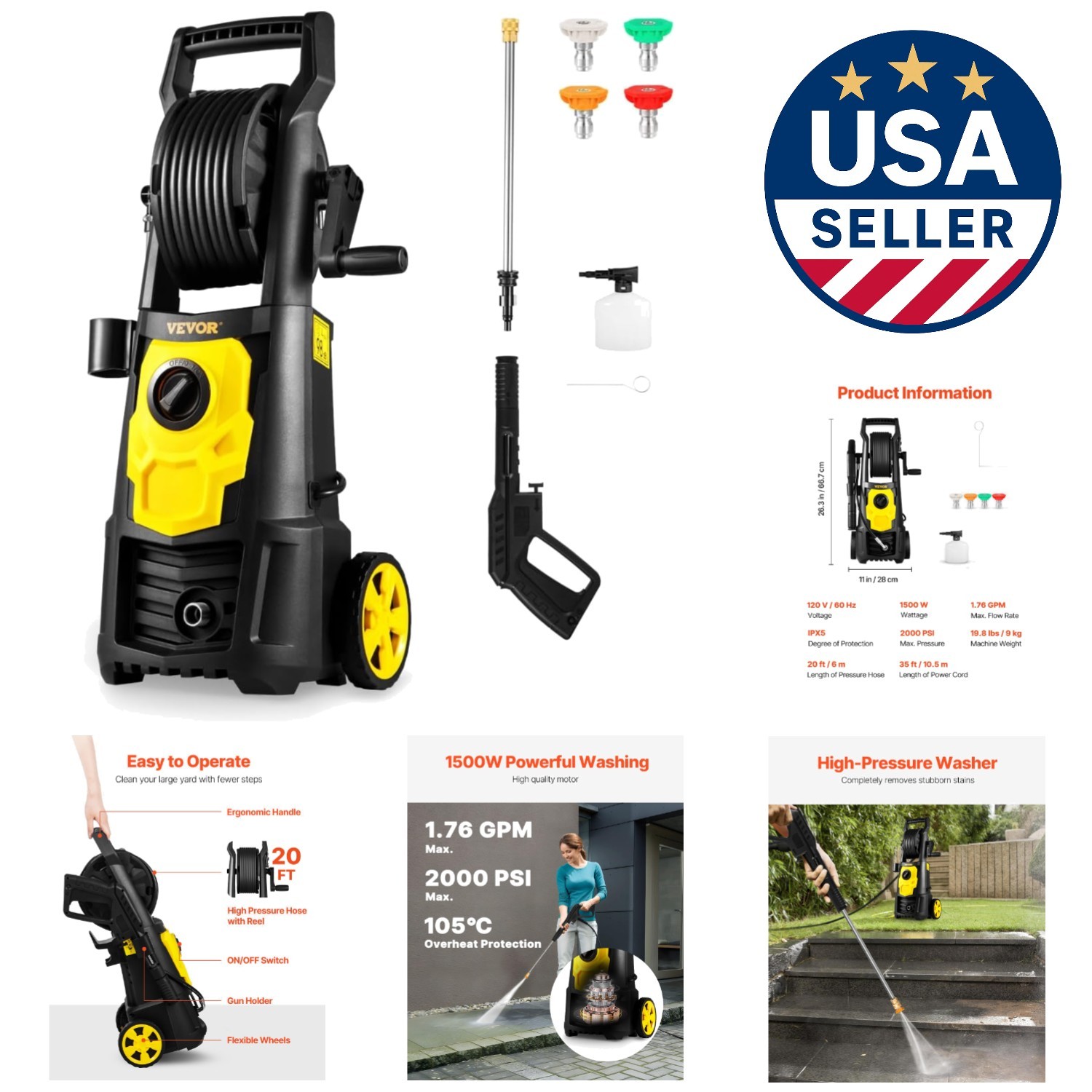 2000 PSI Electric Pressure Washer with 30ft Hose Reel & Foam Cannon -  Listed