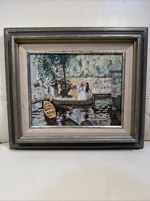 Impressionist Oil Painting of People On Seine River Landscape Framed 15 x 13 