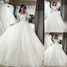 A Line Square Neck Wedding Dresses with Long Sleeves Glitter Lace Bridal Gowns