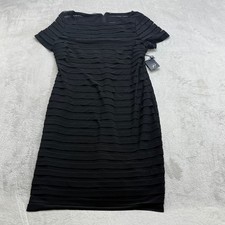 Adrianna Papell Sheath Dress Womens 14 Black Tiered Pleated Mesh Yoke LBD Chic