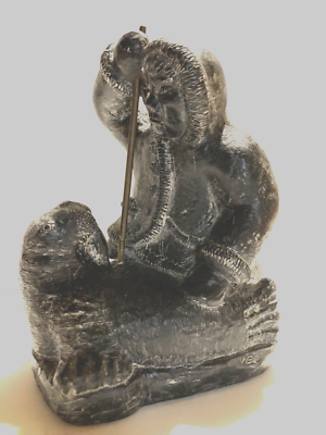Eskimo Hunter Spearing Walrus Carved Soapstone Sculpture NUVUK