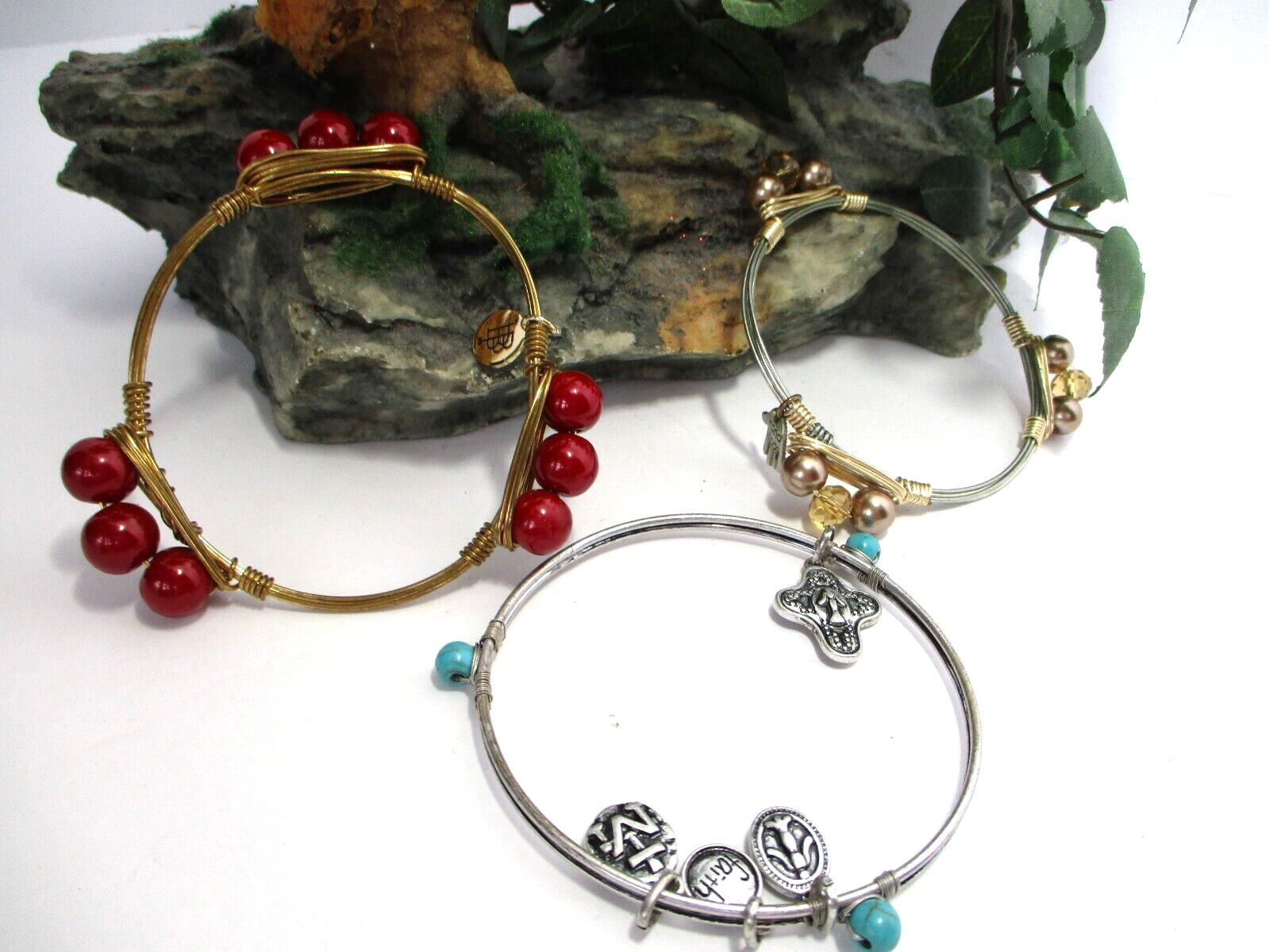 Three Bangle Bracelets Gold and Silver With Red, … - image 1