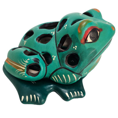 Mexican Talavera Flower Frog Figurine Handmade Hand Painted Green Ceramic  6''