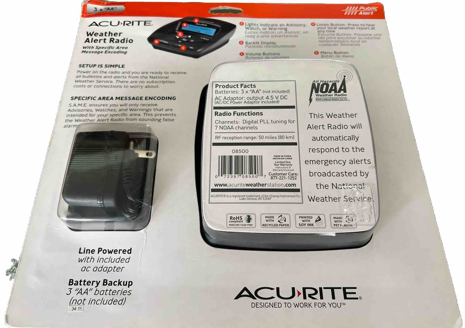 AcuRite Weather Alert Radio - Backlit w/ Notification Lights - New Sealed
