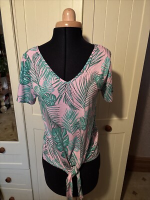 Red Herring Damen Top Größe 12 Rosa Grün Blätterdruck Baumwollmischung Kurzarm