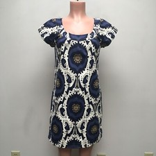 J Crew Womens Blue Ivory Tribal Print Cap Sleeve Scoop Neck Cotton Shift Dress 4