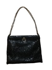 Vintage Look Purse Clutch Black Metal Mesh Double Chain Strap Hinged Opening