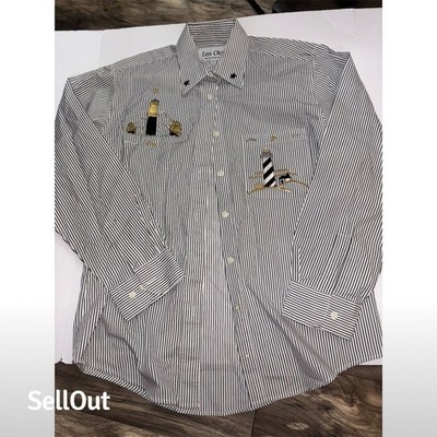 Las Olas Women's M Striped Embroidered Nautical Button-Up Shirt Black
