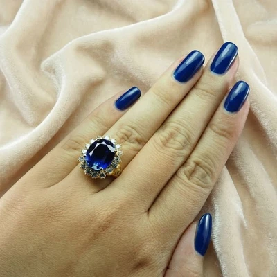Luxueuses bagues halo en argent sterling 925 saphir bleu royal 10,15 carats e... - Photo 1/4