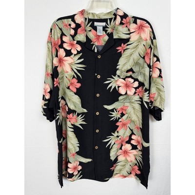 Breakwater Tropical Floral Hawaiian Shirt Mens M Black Pink Rayon Camp Collar
