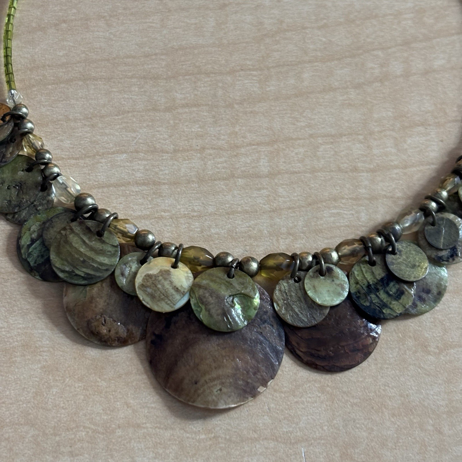 Boho Statement Necklace with Shell Discs and Gree… - image 2