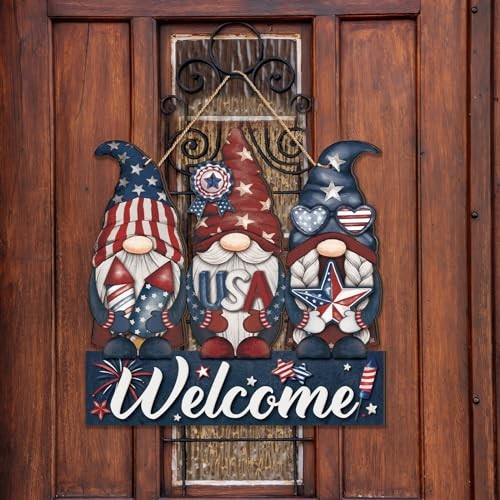  4th of July Decorations Patriotic Memorial Day Wooden Door Sign Red Gnome - Picture 3 of 7