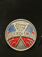 Patriotic Proud to be an American Round silver tone USA flag theme belt buckle