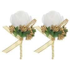 2 Pcs Boutonnieres Wedding Rose Boutonnieres with Pin and Clip White, Gold