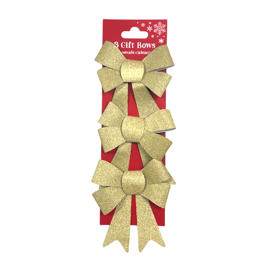 Pack of 3 Christmas Gold Present Gift Bows - Glitter Gift Wrap Decorations