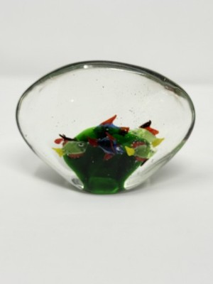Vintage Art Glass Paperweight Clear Encased Green Base Multi-Color Fish Aquarium