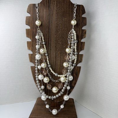 Vintage Avon SAQ Multi Layered Faux Pearl Silver Tone Faceted Bead Necklace 30 