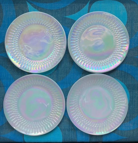 Vintage Federal Glass Aurora Moonglow Iridescent Milk Glass 7.5” Plates Set of 4