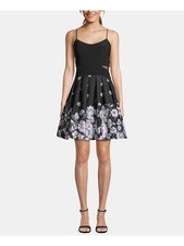 XSCAPE Womens Black Floral Spaghetti Strap V Neck Mini Formal Dress 8