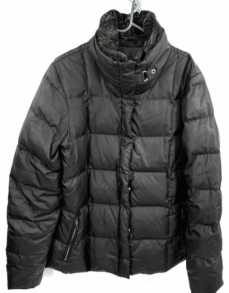 Eddie Bauer Jacket Womens Large Tall Goose Down Puffer 700 Fill Black Lamb Hood - Image 2 of 4