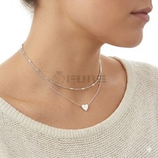 925 Sterling Silver Double Layer Fine Chain Heart Necklace Dainty Beaded Choker