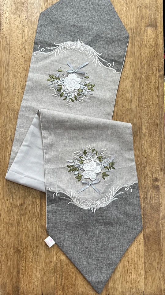 Decorative Artistic Burlap Embroidered 12.5”x68””Table Runner Gray - Image 2 of 4