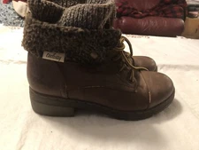 Coolway Bring/Betta Brown Leather Knit Sweater Cuff Ankle Boots Women's Size 6.5