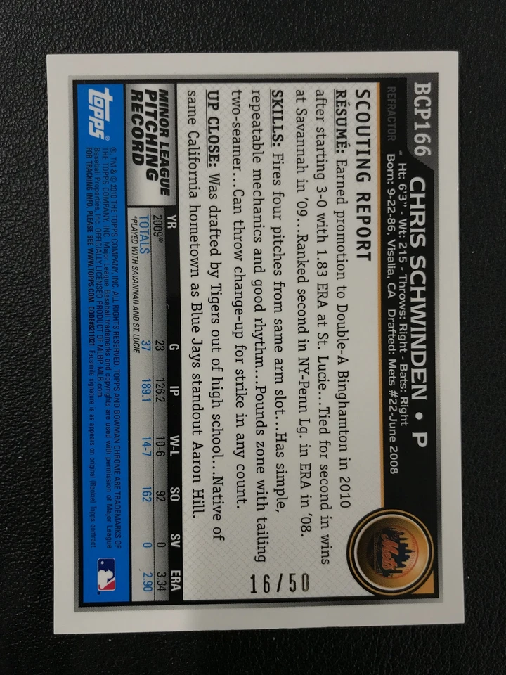 2010 Bowman Chrome 1st #BCP166 Chris Schwinden Gold Refractor /50 NY Mets - Image 2 of 2