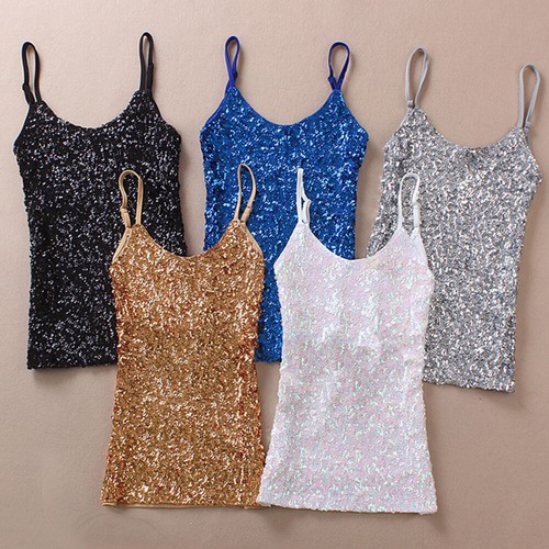 Women Sequin Vest Bling Spaghetti Strap Singlet Glitter Slim Camisole Tank Top