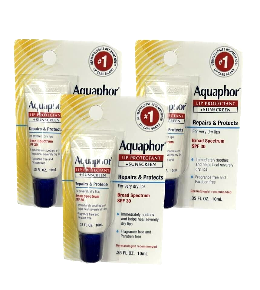 Aquaphor Lip Protectant Plus Sunscreen SPF 30 0.35 oz 3 Pack Exp 02/25