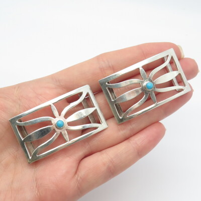 #ad 925 Sterling Silver Vintage Real Turquoise Gem Native Set of 2 Tribal Belt Parts $175.99