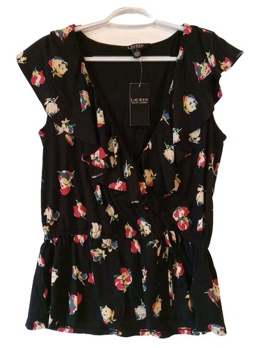 NWT Ralph Lauren Womens M Flutter Sleeve Self-Tie Blouse Top Floral Rose Black