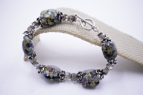 Vtg MURANO Sterling Silver &  Multicolor GLASS LAMPWORK Toggle Bracelet 6.5''