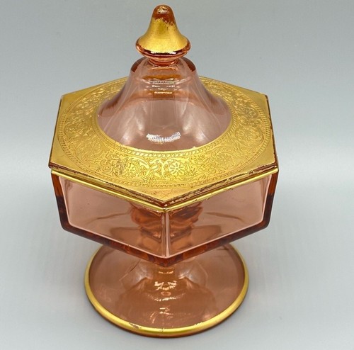 Vintage Pink Glass Pedestral Trinket Candy Dish Gold Filigree Trim Design. - Picture 2 of 10