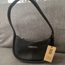Steve Madden Black Crescent Shoulder Bag, Zip Closure, Logo, Adjustable Strap
