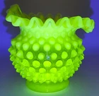 Vintage Fenton Topaz Vasoline Glass Ruffled Hobnail Rose Vase 4.5” UV Glow AS IS