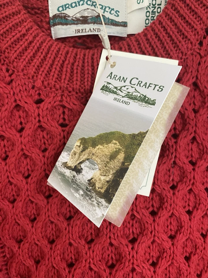 Aran Crafts Cable Knit Merino Wool Crew Neck Size S Cherry Red Chunky Knit BNWT - Image 4 of 4