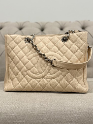 Chanel Grand Shopping Tote GST Beige Caviar Leather Silver Hardware