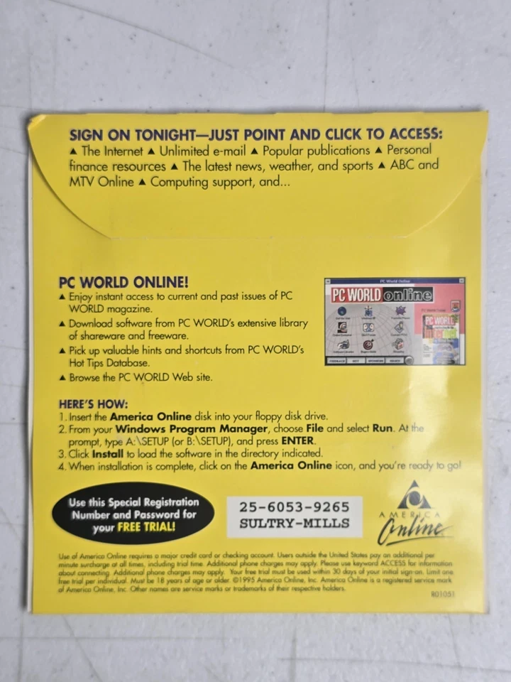 AOL 1996 America Online Version 2.5 Floppy Disk PC World Online Vtg Yellow Disk - Image 4 of 4