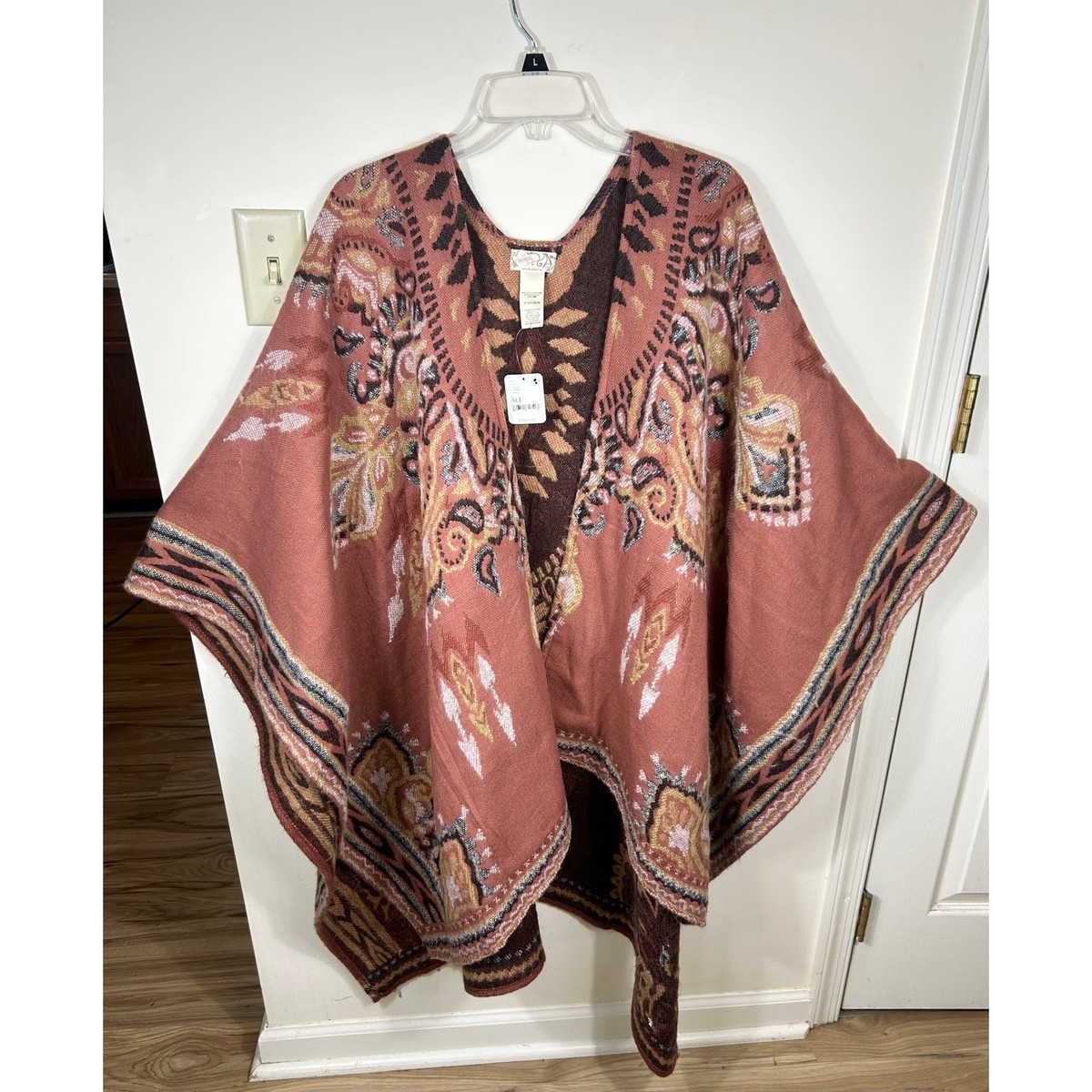 Free People Poncho Women OS Red Southwestern Knit Wrap OpenFront